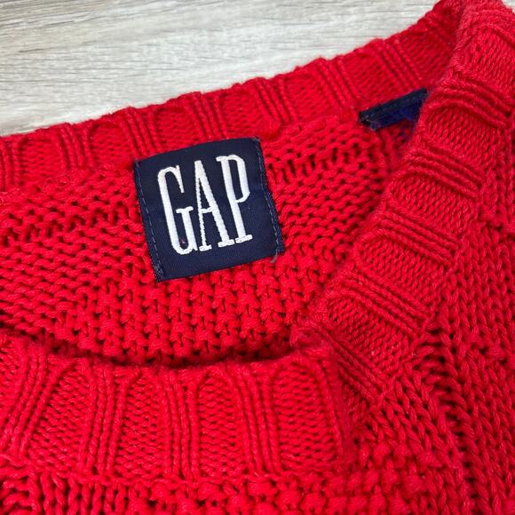 Vintage GAP Red Cable Knit Cotton Sweater Chunky Retro Winter Large - Picture 2 of 4